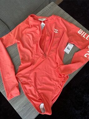 NWT Billabong Coral Pink Long Sleeve Zip One-Piece Swim Top